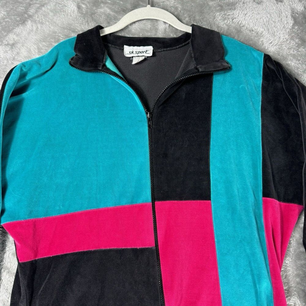 Vtg 80s Jacket‎ Womens M Velour Multicolor Colorblock Granny Zip Sweats Track